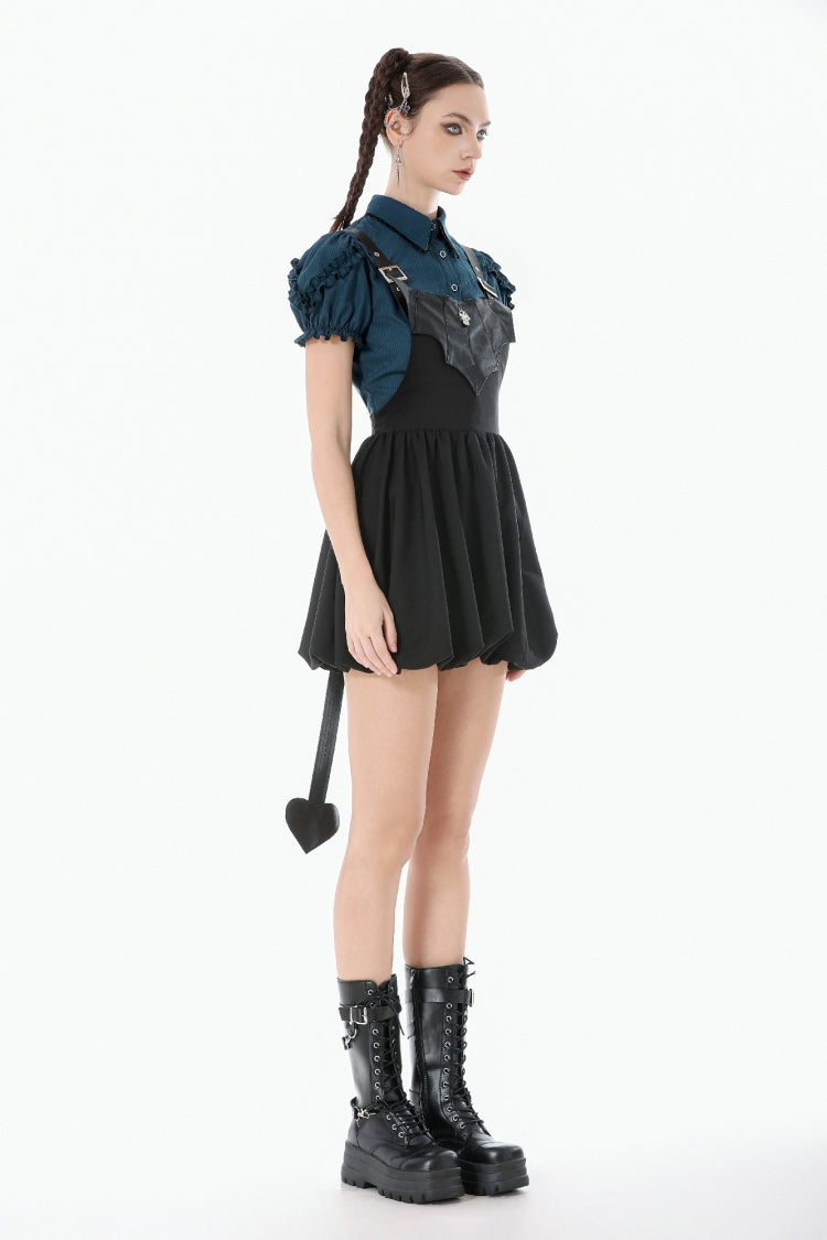 Black Bat Wing Buckled Women's Gothic Suspender Dress Graduation Dress with Tail - Product - 2
