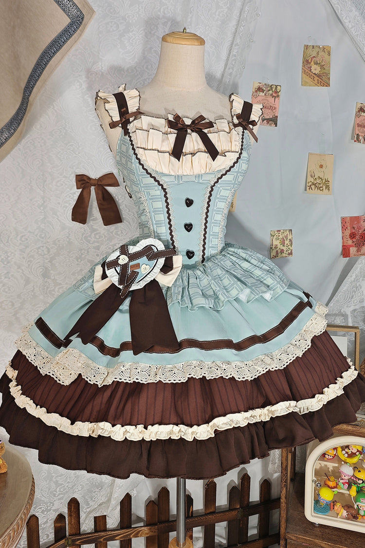 Green/Brown [Mint Chocolate] Sleeveless Triple-Layered Ruffle Bowknot Sweet Lolita Jsk Dress - Product - 3