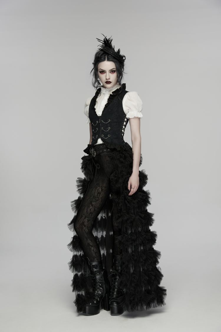 Black Jacquard Lace Lace-Up Slim Pleated Women's Gothic Palace Vest - Product - 5