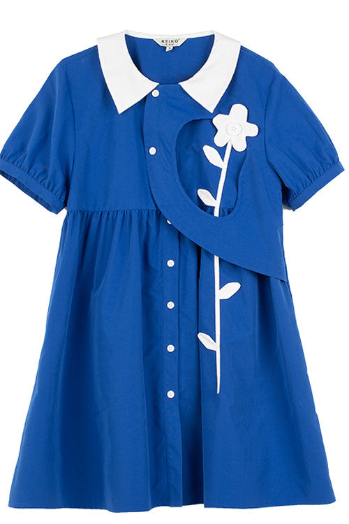 Blue Lapel Collar Short Sleeve High Waist Single Breasted Sweet Lolita Dress - Product - 7
