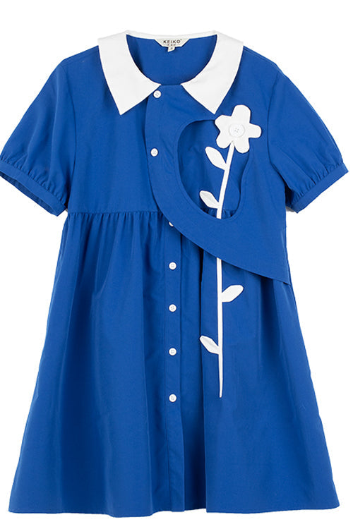 Blue Lapel Collar Short Sleeve High Waist Single Breasted Sweet Lolita Dress - Product - 7