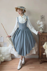 [Dreamlike Realm] Sleeveless Printed Ruffled Embroidered Bustier Elegant Sweet Lolita Jsk Dress 4 Colors - Blue(Long) - 9