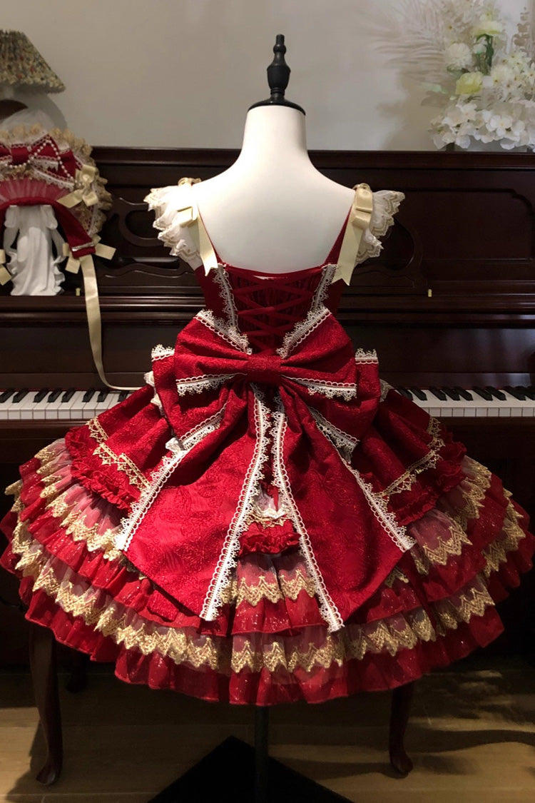 Red [Gilded Memories] Sleeveless Double-Layered Ruffle Hot Stamping Bowknot Lace Sweet Lolita Jsk Dress - Product - 6