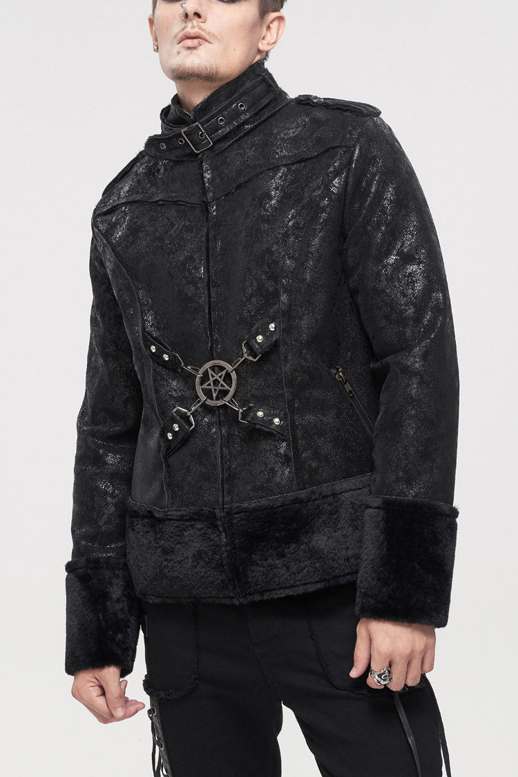 Black Five Pointed Star Decoration Retro Suede Short Plush Men's Punk Coat - Black - 1