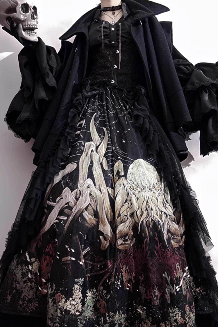 ブラック [Reborn Ancient God] ロング 姫袖 プリント レース ゴシックロリータスカート ワンピースセット 商品画像