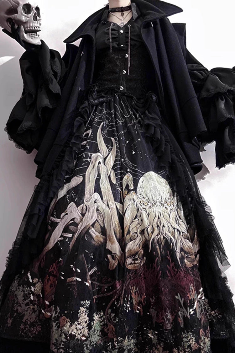Black [Reborn Ancient God] Long Hime Sleeves Print Lace Gothic Lolita Skirt Dress Set - Product - 11