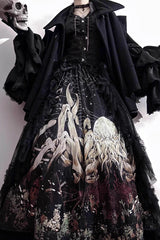 Black [Reborn Ancient God] Long Hime Sleeves Print Lace Gothic Lolita Skirt Dress Set - Product - 11