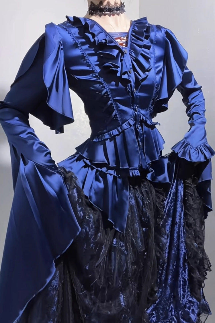 [Echoes of the Deep Sea] Long Hime Sleeves Ruffled Bow Lace-Up Gothic Ouji Lolita Blouse 4 Colors - Product - 6