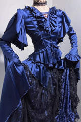 [Echoes of the Deep Sea] Long Hime Sleeves Ruffled Bow Lace-Up Gothic Ouji Lolita Blouse 4 Colors - Product - 6