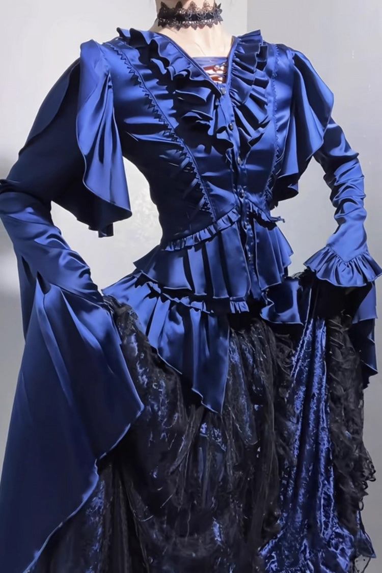 [Echoes of the Deep Sea] Long Hime Sleeves Ruffled Bow Lace-Up Gothic Ouji Lolita Blouse 4 Colors - Product - 6