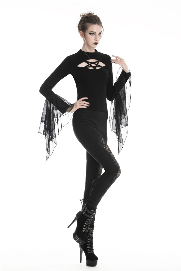 Black Floral Cut-Out Lace-Up Women's Gothic Leggings - Product - 2