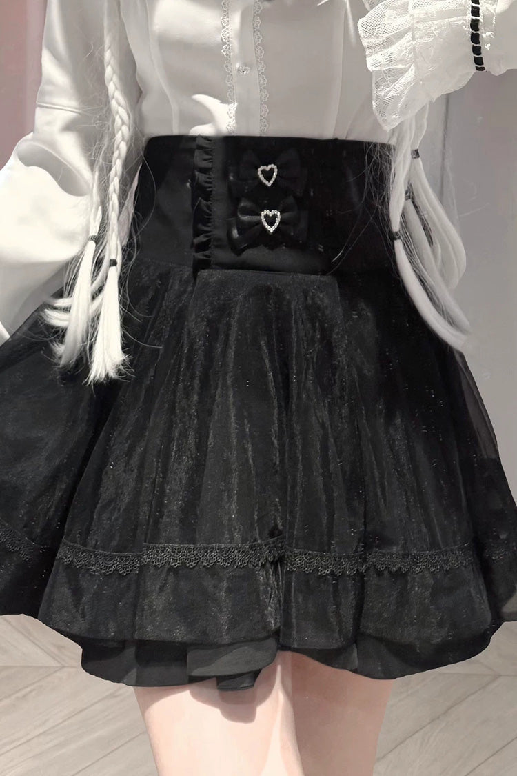Black/White [Moonlit Butterfly] Lapel Collar Long Trumpet Sleeves Ruffled Bow Lace Jirai Kei Japanese Skirt Set - Skirt(Only) - 7
