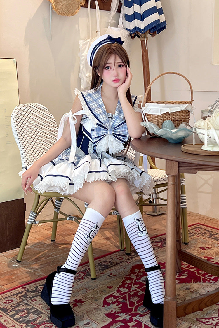 Blue/White [Sailing Love] Navy Collar Sleeveless Plaid Print Ruffle Bowknot Sweet Lolita Dress - Product - 10