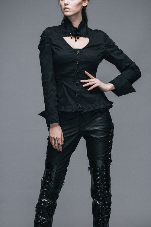Black Vintage High Collar Elastic Slim Womens Gothic Blouse - Black - 1
