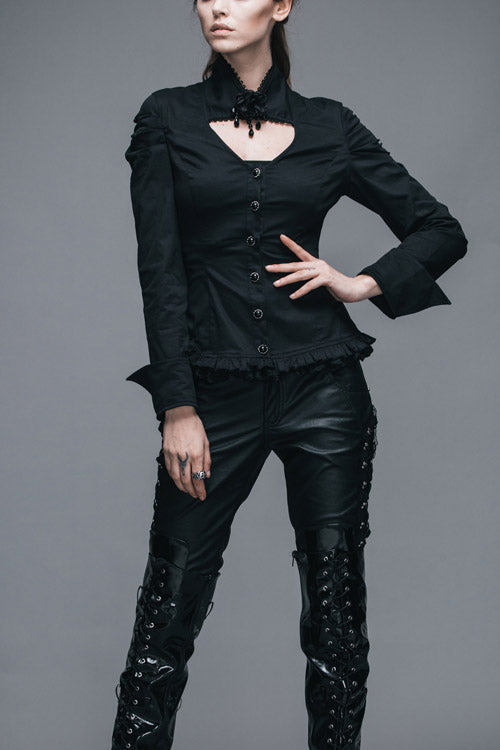 Black Vintage High Collar Elastic Slim Womens Gothic Blouse - Black - 1