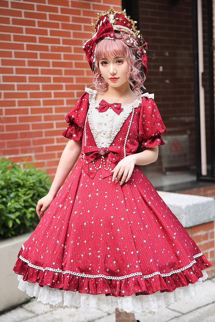 Midsummer Galaxy Shiny Star Print Short Sleeves Ruffle Bowknot Sweet Lolita OP Dress - Product - 9