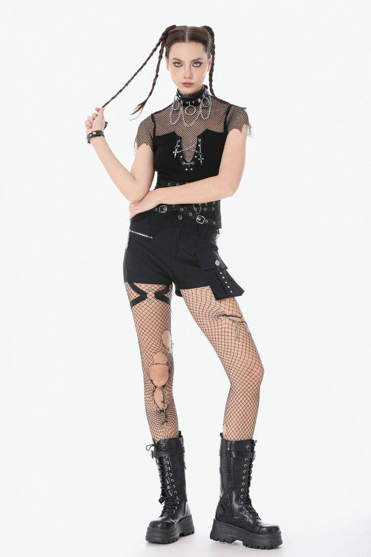 Black Short Sleeves Irregular Mesh Cross Chain-Decorated Eyelet Women's Punk Top - Product - 12