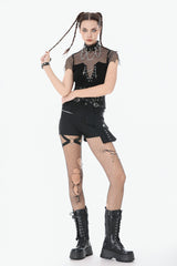 Black Short Sleeves Irregular Mesh Cross Chain-Decorated Eyelet Women's Punk Top - Product - 12