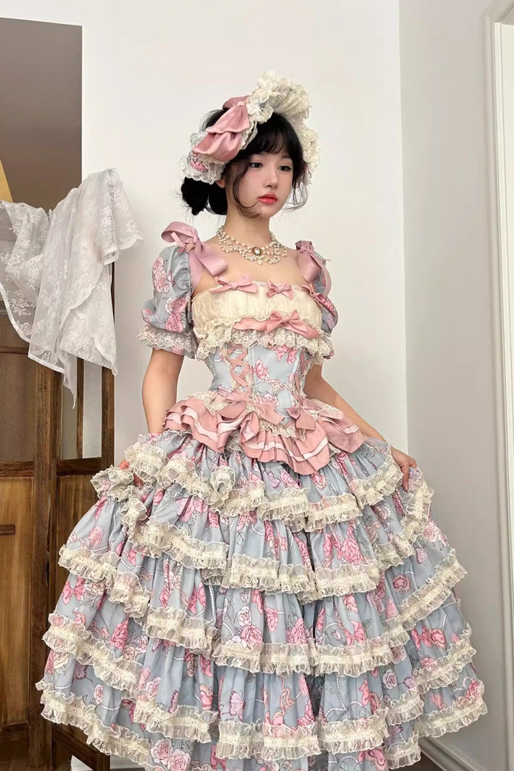 Blue/Pink [Gem Rose] Multi-Layered Ruffle Bowknot Lace Sweet Princess Lolita Skirt 2 Versions - Product - 2