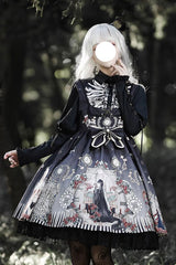 Dark Fairy Tale Print Ruffle Bowknot Gothic Lolita Jsk Dress 2 Colors - Black - 1