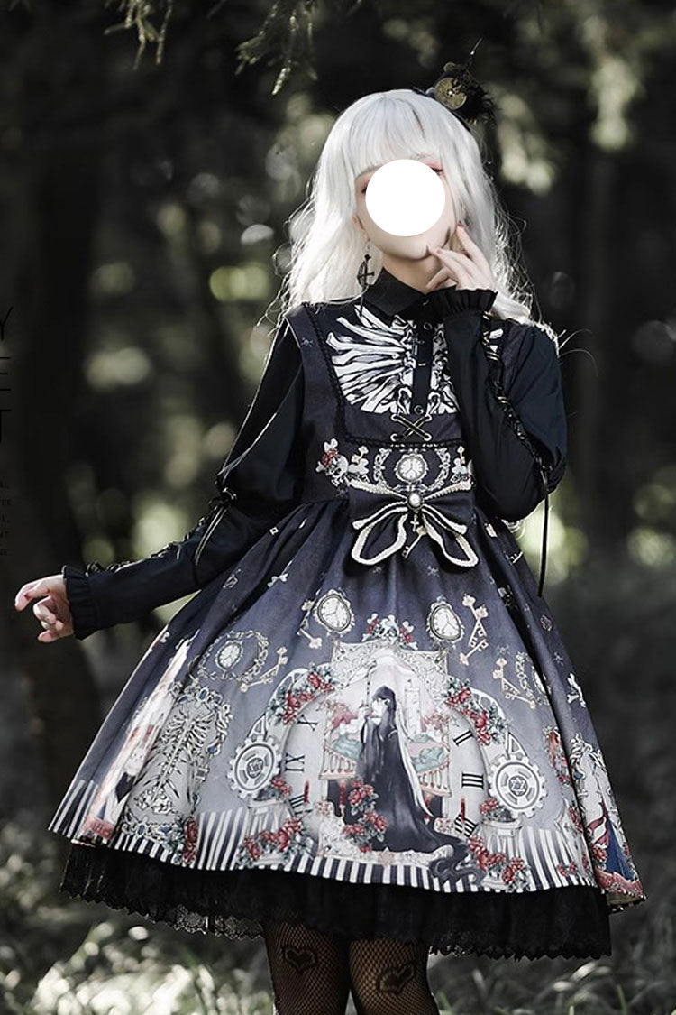 Dark Fairy Tale Print Ruffle Bowknot Gothic Lolita Jsk Dress 2 Colors - Black - 1