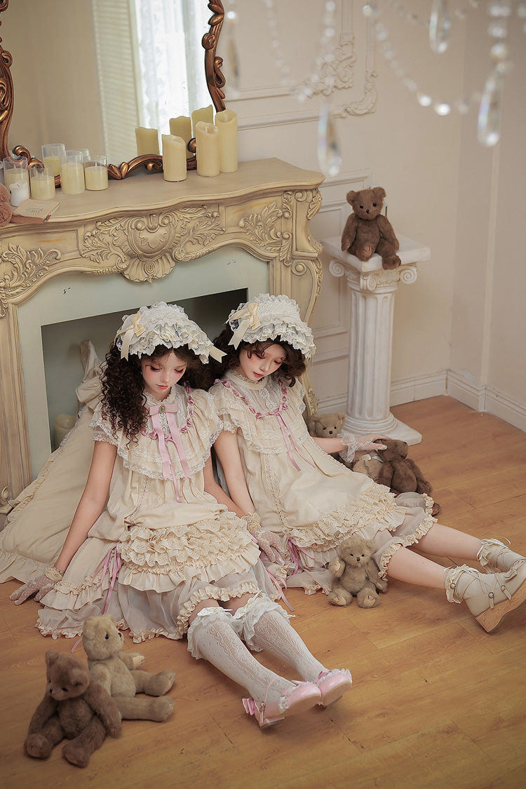 Apricot [Lily's Dream] Stand Collar Short Sleeves Loose-Fit Doll-Like Multi-Layered Ruffled Bow Lace Sweet Lolita Dress 2 Versions - Product - 12