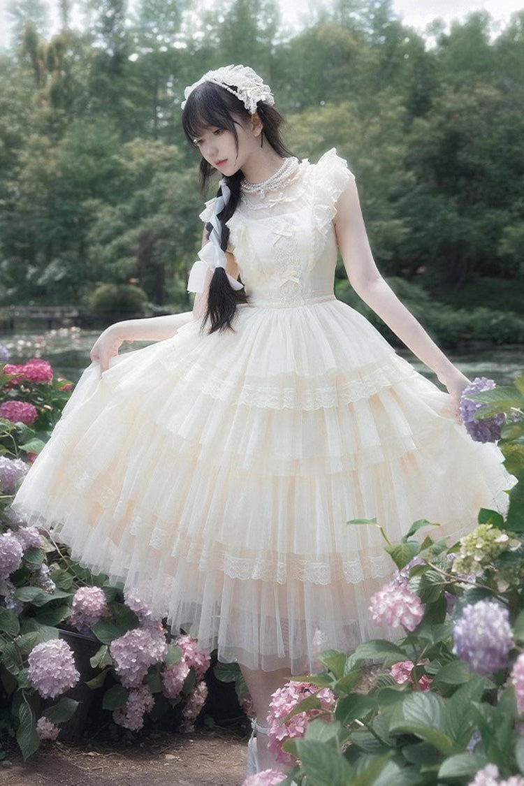 Ivory Tower Multi-layer Ruffle Embroidery Flying Sleeves Sweet Elegant Lolita OP Dress - Ivory - 1