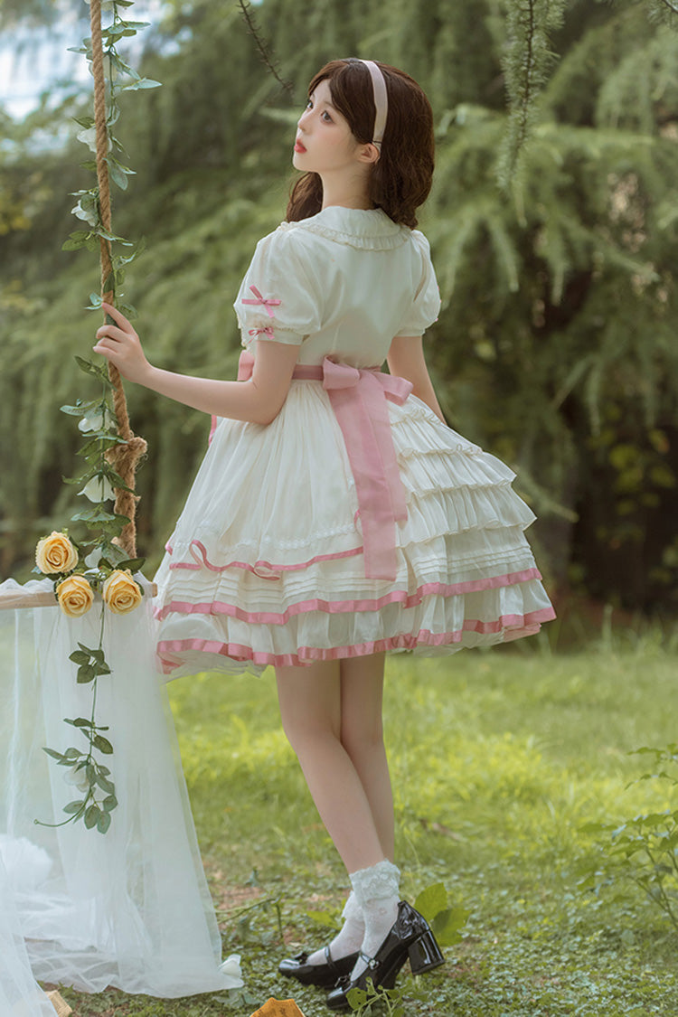 White/Pink Short Sleeves Multi-layer Ruffle Bowknot Sweet Lolita Dress - Product - 4