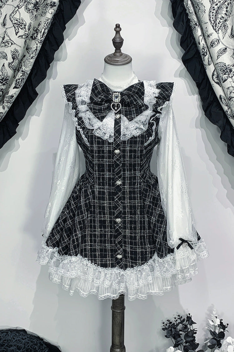 Black [Lunar Eclipse Doll] Long Sleeves Plaid Printed Ruffled Bow Lace Sweet Jirai Kei Japanese Dress Shorts Set - Black - 1