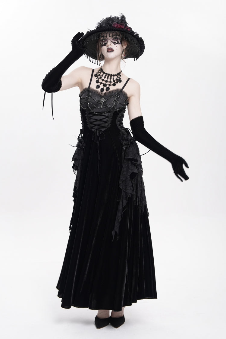 Black Sleeveless Ruffle Lace-Up Plumed Women's Gothic Long Slip Dress - Product - 4