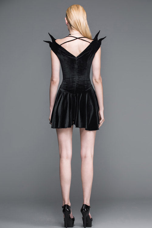 Black Little Devil Off The Shoulder Sexy Velvet Punk Womens Dress With Wings - Product - 5