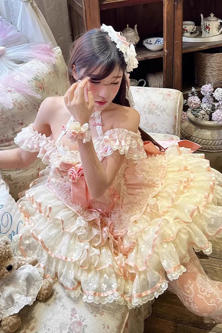 Pink [Flower Language of Eros] Halterneck Multi-Layered Ruffle Bowknot Rose Lace Lace-Up Sweet Ballet Lolita Jsk Dress - Product - 4