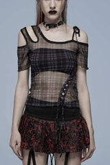 Asymmetrical Cutout Neckline Strap Design Plaid Mesh Women's Punk T-Shirt - Black - 1