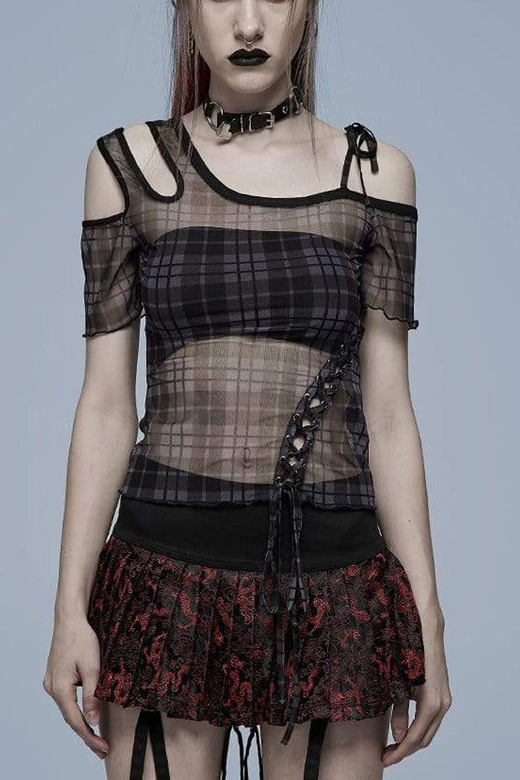 Asymmetrical Cutout Neckline Strap Design Plaid Mesh Women's Punk T-Shirt - Black - 1