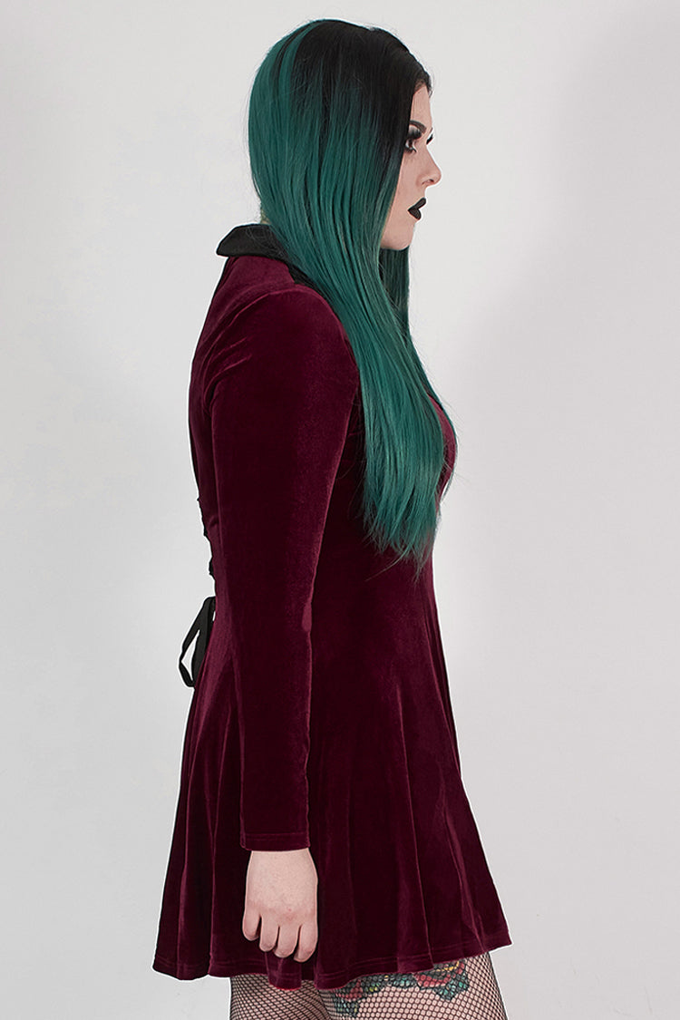 Red Velvet Front Chest Hollow-Out Decals Back Lace-Up Long Sleeve Plus Size Women's Gothic Dress - Product - 2