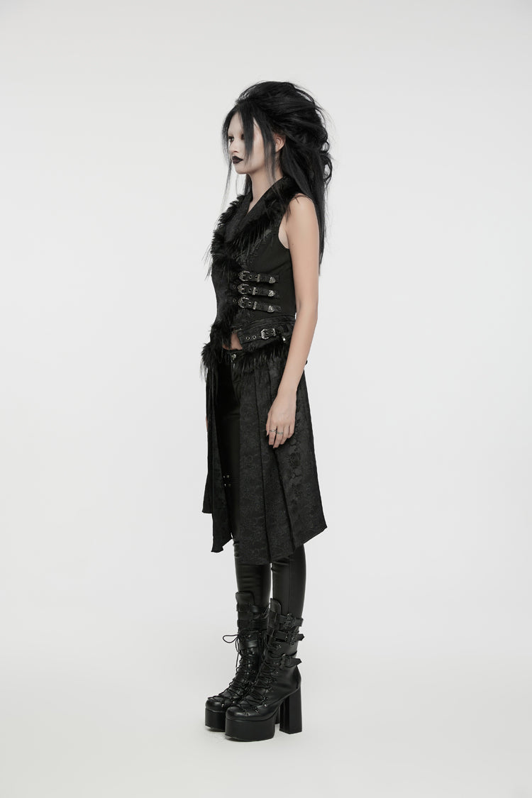 Black V Collar Sleeveless Jacquard Detachable Lace-Up Women's Gothic Vest - Product - 2
