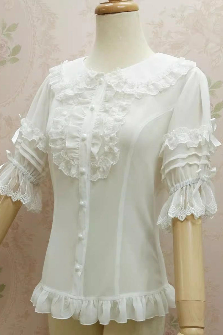 Doll Collar Short Trumpet Sleeves Lace Slim Chiffon Sweet Lolita Blouse 2 Colors - Product - 6