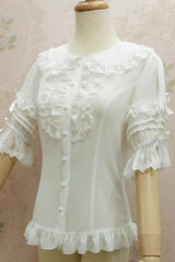 Doll Collar Short Trumpet Sleeves Lace Slim Chiffon Sweet Lolita Blouse 2 Colors - Product - 6
