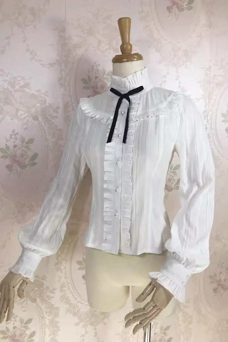 White Stand Collar Long Sleeves Jacquard Sweet Lolita Blouse - Product - 3