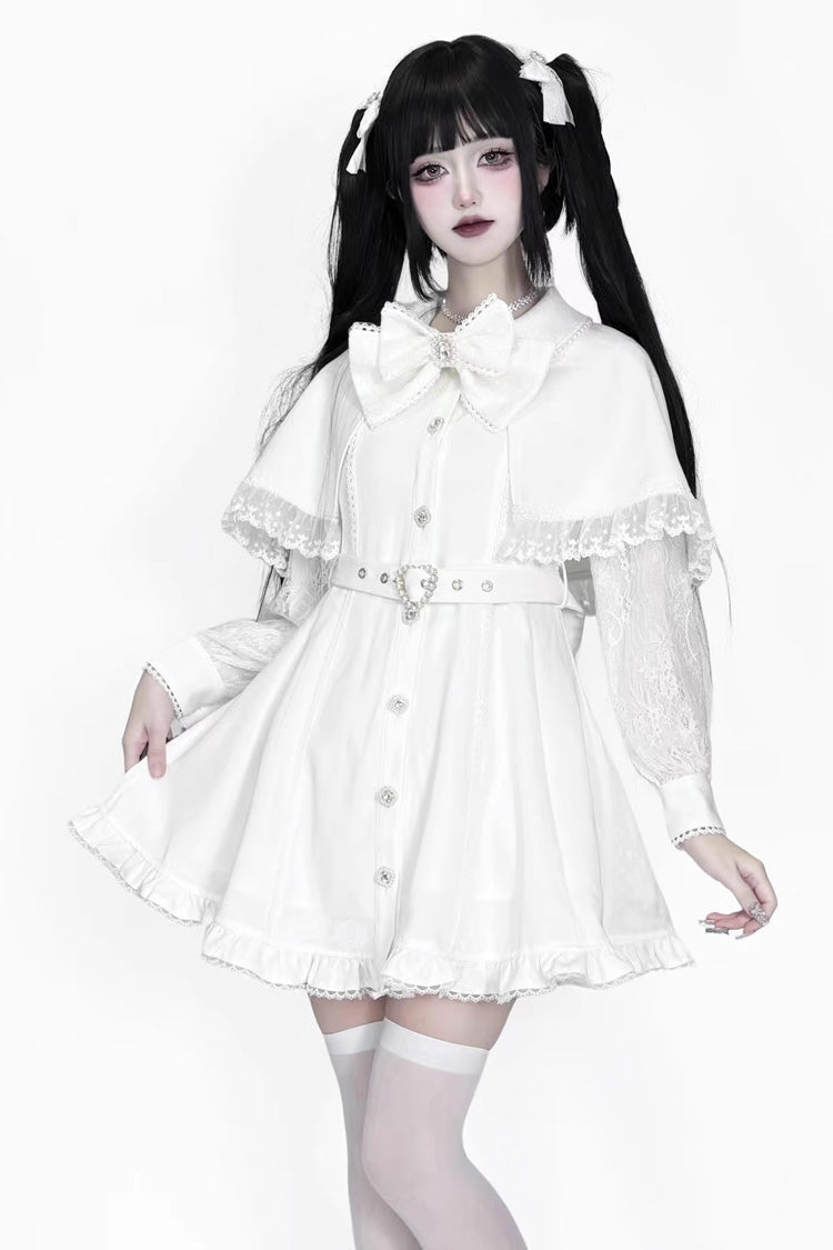 White Long Sleeves Removable Cape Ruffle Lace Gothic Jirai Kei Elegant Dress - Product - 2