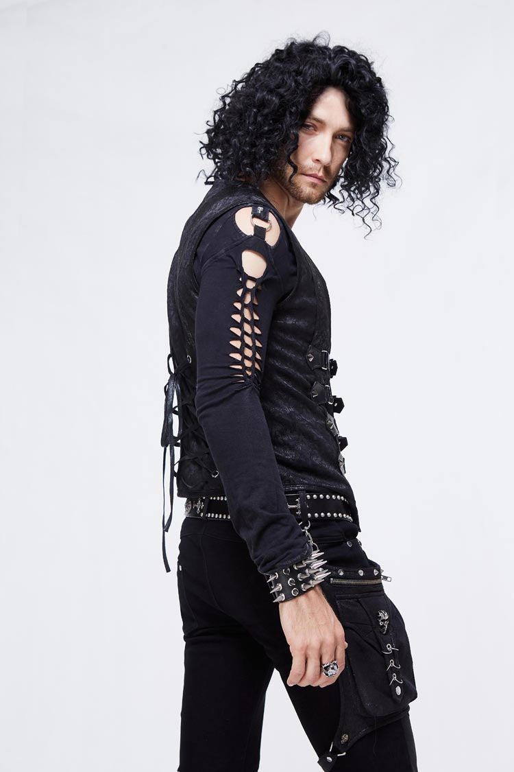 Black Jacquard Splice Heat Seal Backing Chest Loop Lace Up Men's Punk Waistcoat - Product - 3