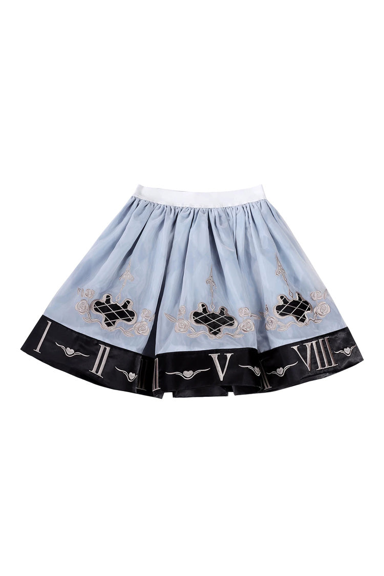 Blue [The Clock Rabbit's Card Game] Sleeveless Jacquard Ruffled Embroidered Bow Lace-Up Gothic Lolita Jsk Dress - Skirt(Only) - 15