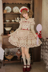 Apricot [Lollipop] Cotton Round Collar Long Lantern Sleeves Polka Dot Printed Ruffled Bow Lace Sweet Elegant Lolita Dress 2 Versions - Product - 17