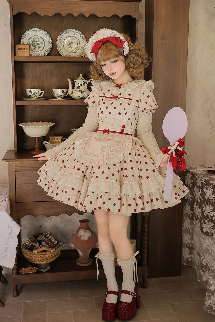 Apricot [Lollipop] Cotton Round Collar Long Lantern Sleeves Polka Dot Printed Ruffled Bow Lace Sweet Elegant Lolita Dress 2 Versions - Product - 17
