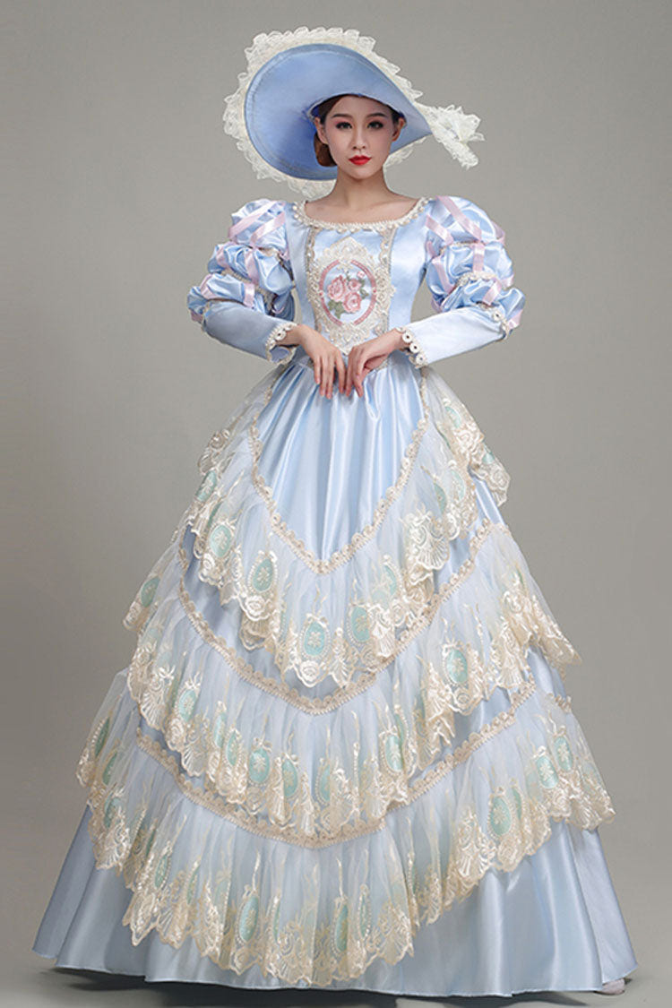 Light Blue Long Sleeves Multi-Layer Lace Stitching High Waisted Hollow Embroidery Floral Print Victorian Lolita Prom Dress - Product - 2