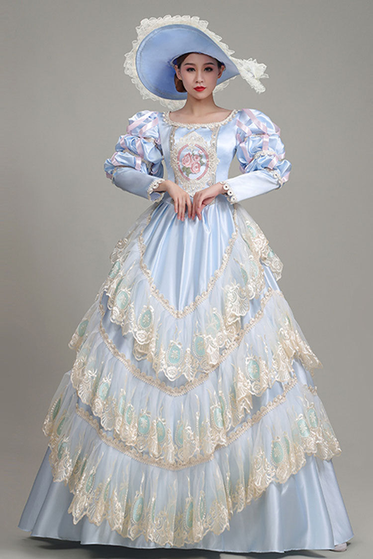 Light Blue Long Sleeves Multi-Layer Lace Stitching High Waisted Hollow Embroidery Floral Print Victorian Lolita Prom Dress - Product - 2