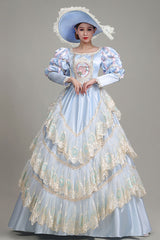 Light Blue Long Sleeves Multi-Layer Lace Stitching High Waisted Hollow Embroidery Floral Print Victorian Lolita Prom Dress - Product - 2