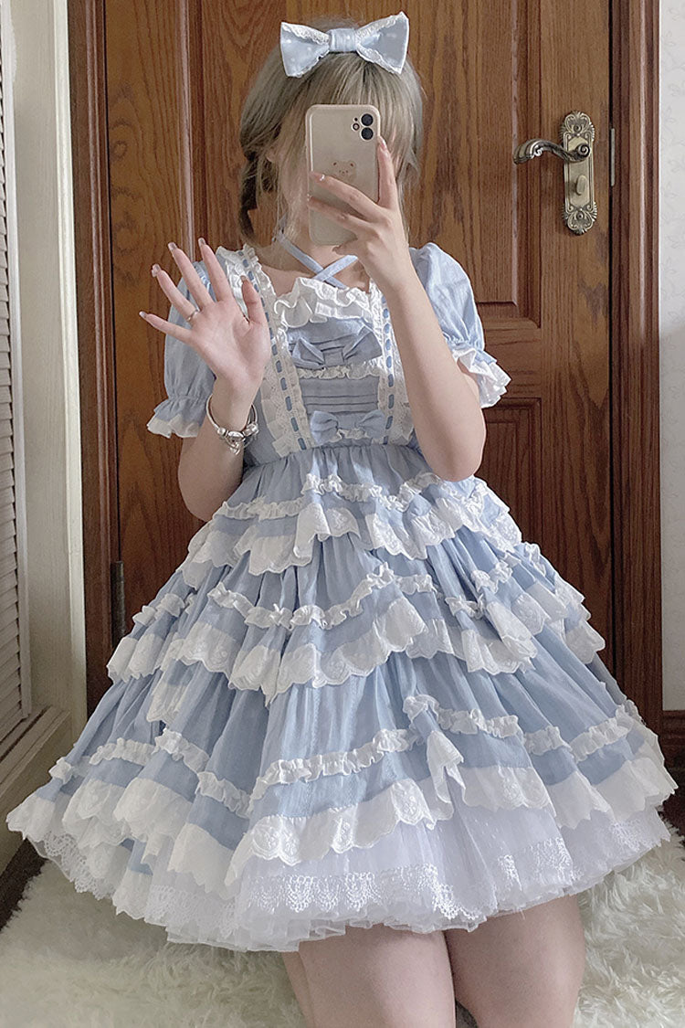 Blue Halter Lantern Short Sleeves Stitching Lace Ruffled Hanayome Sweet Lolita Op Tiered Dress - Product - 5