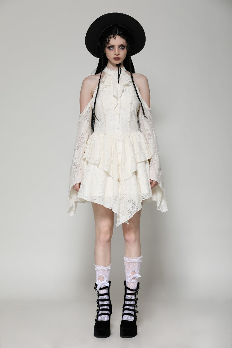 Beige Halter Off Shoulder Lapel Collar Long Flare Sleeves Lace-Up Women's Steampunk Dress - Product - 6