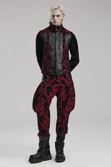 Black/Red Men's Stand Collar Jacquard Print Stitching Metal Ring Decoration Gothic Vest - Product - 4
